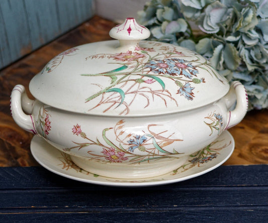 French Antique Ironstone Soup Tureen w/ Serving Plate BLEUET Motif K&G (Keller et Guérin) Lunéville Terre de Fer