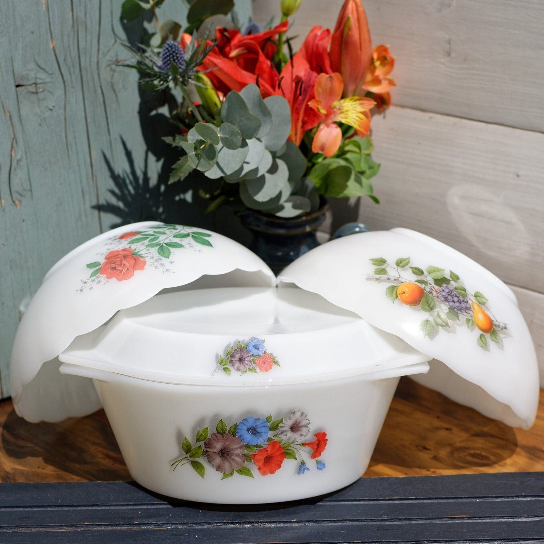 French Vintage ARCOPOL Opaque Milk Glass Summer Flowers Fruit de France Red Roses Casserole Bowl