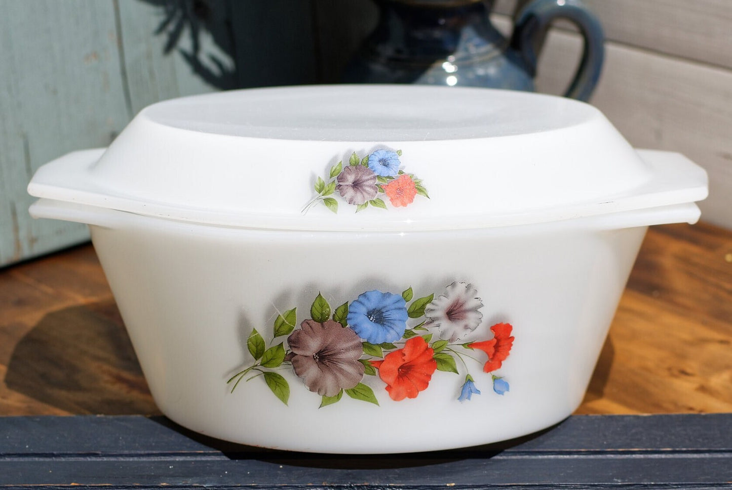 French Vintage ARCOPOL Opaque Milk Glass Summer Flowers Fruit de France Red Roses Casserole Bowl