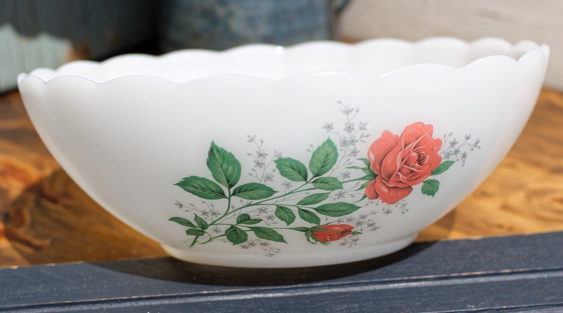 French Vintage ARCOPOL Opaque Milk Glass Summer Flowers Fruit de France Red Roses Casserole Bowl