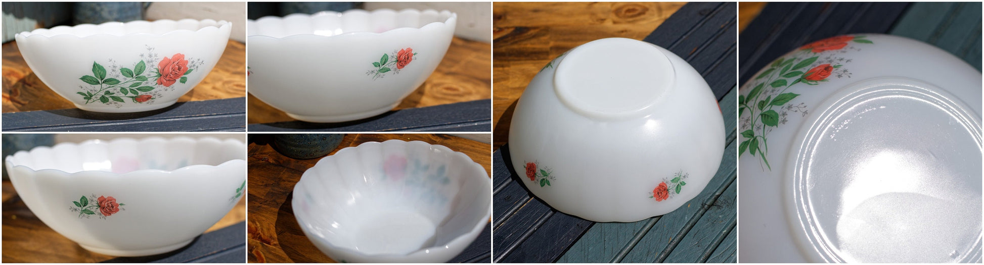 French Vintage ARCOPOL Opaque Milk Glass Summer Flowers Fruit de France Red Roses Casserole Bowl