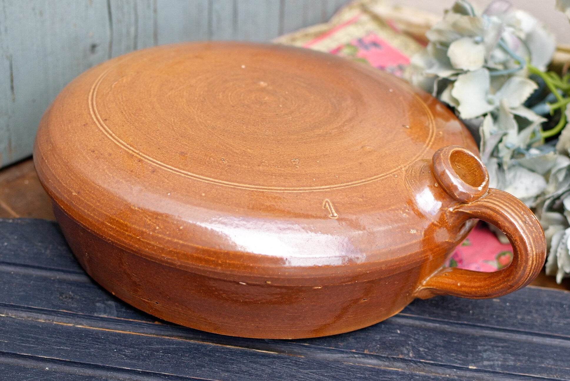 French Vintage Stoneware Round Flat Water Jug Glazed Stoneware Sandstone Terre Cuite