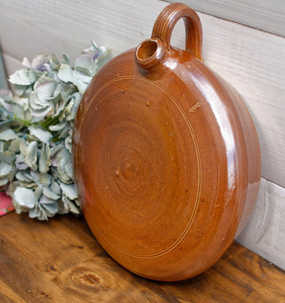 French Vintage Stoneware Round Flat Water Jug Glazed Stoneware Sandstone Terre Cuite