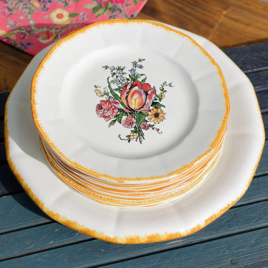 French Ironstone Hand-Painted Cake Plate DIGOIN SARREGUEMINES FRANCE Lorraine decor a la main red tulips pattern Terre de Fer