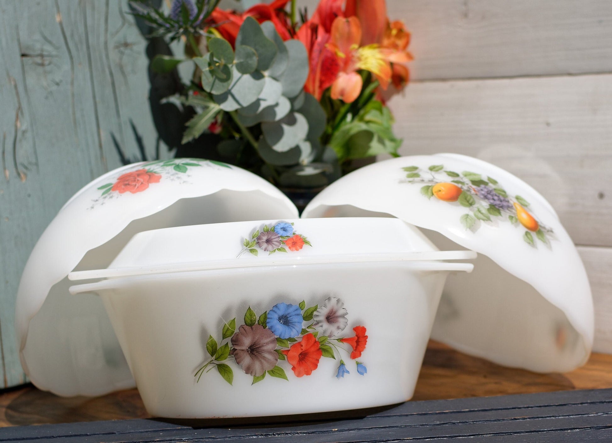 French Vintage ARCOPOL Opaque Milk Glass Summer Flowers Fruit de France Red Roses Casserole Bowl