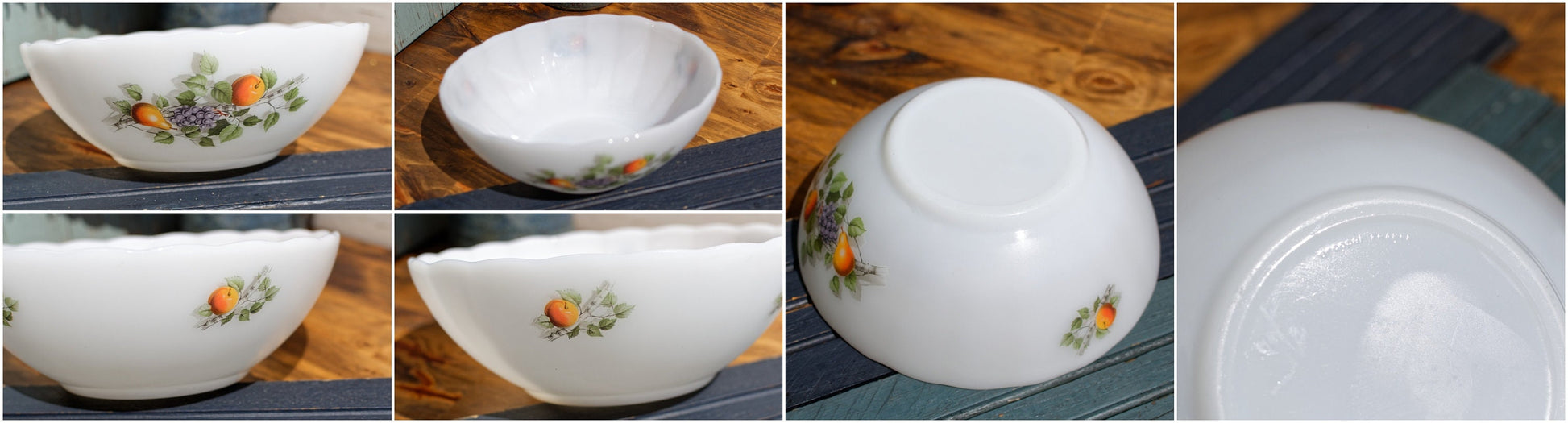 French Vintage ARCOPOL Opaque Milk Glass Summer Flowers Fruit de France Red Roses Casserole Bowl