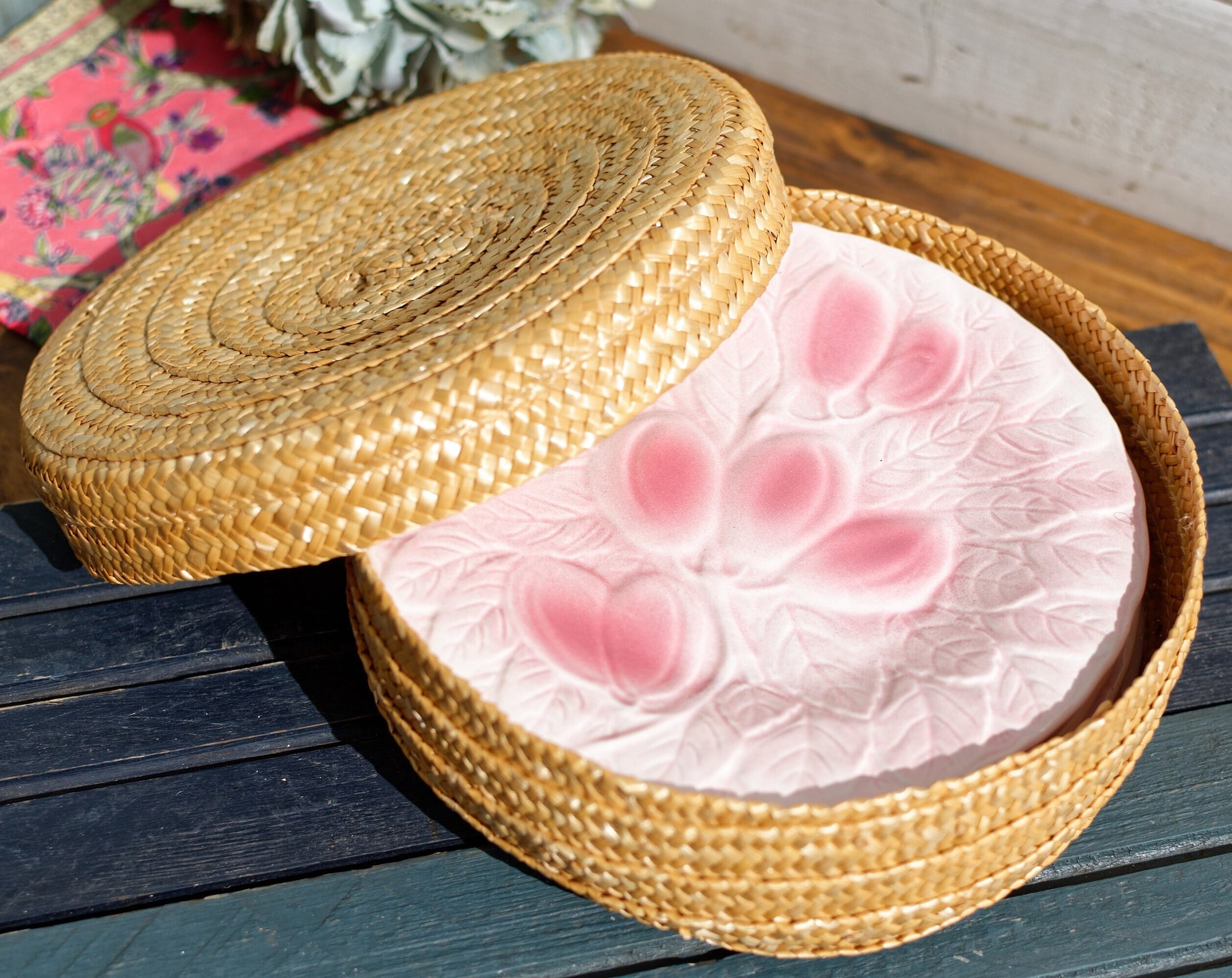 French Barbotine Majolica Style Embossed Fruit Plate Basket Weave SALINS LES BAINS inalterables Made in France