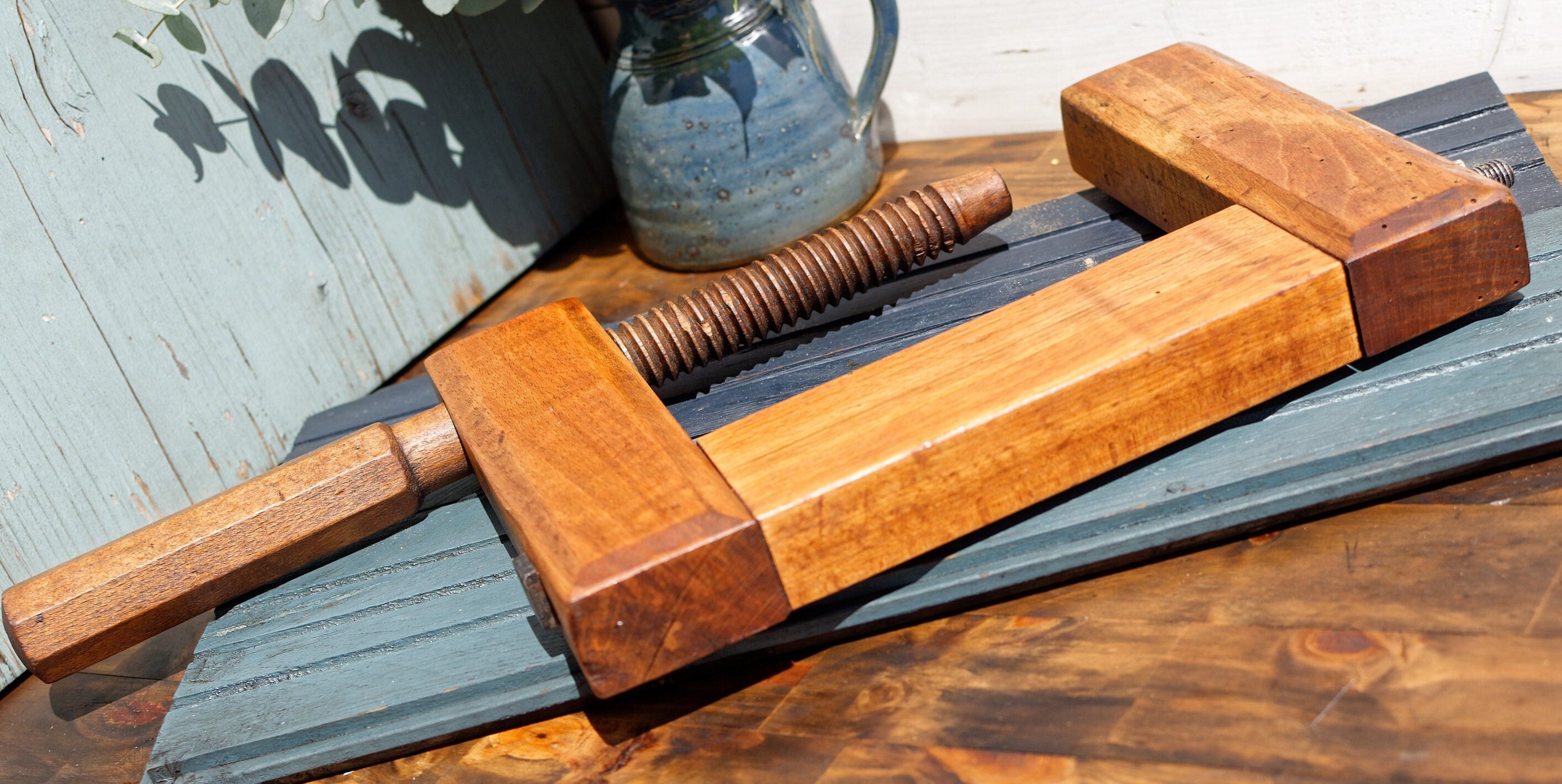 1900s ~ French Antique Large WOODEN Clamp ~ Screw Press ~ Vice ~ Library C Clamp hot ~ Joinery Tool