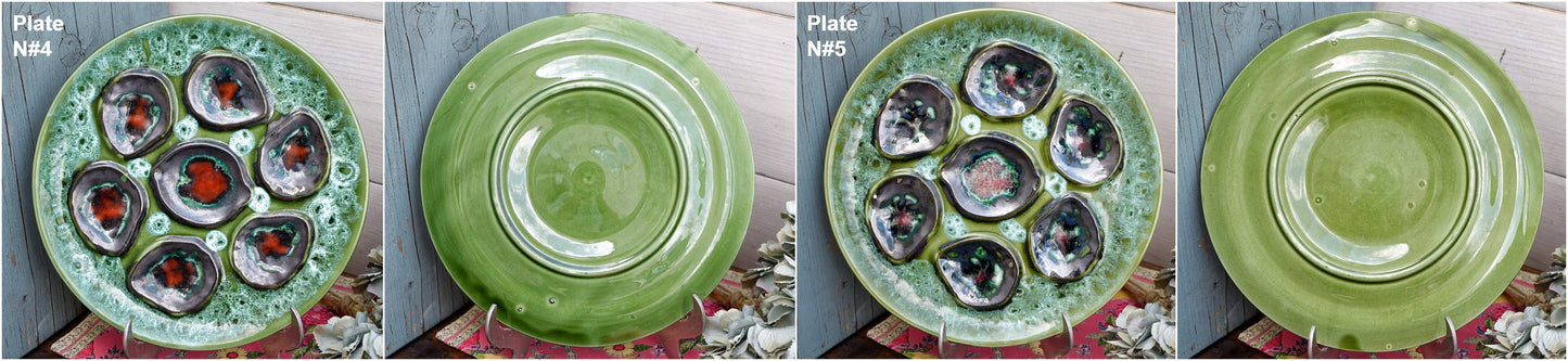 French BARBOTINE MAJOLICA Style Oyster Huitre Plate Green Vallauris Style