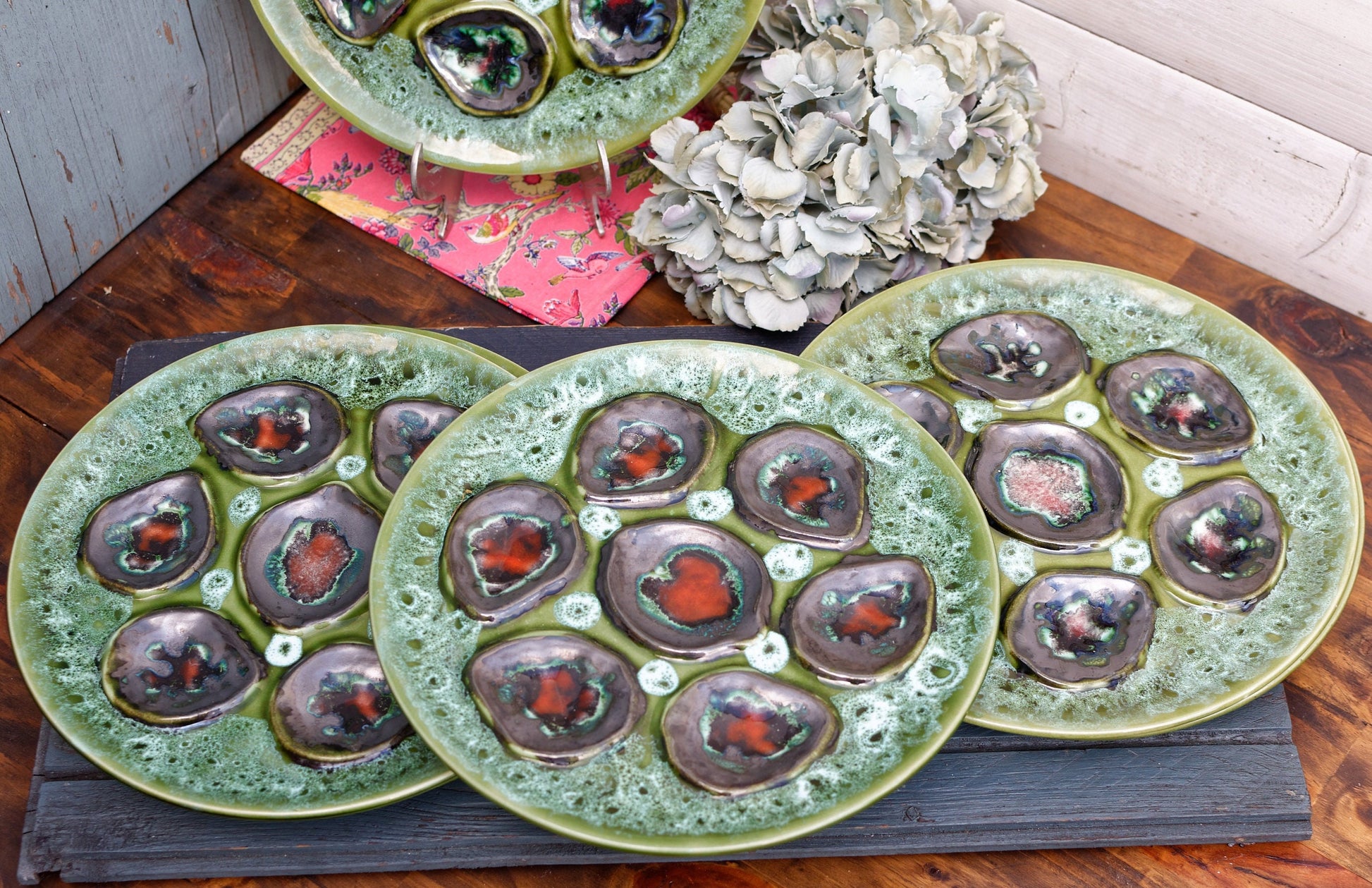 French BARBOTINE MAJOLICA Style Oyster Huitre Plate Green Vallauris Style