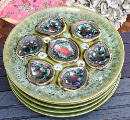 French BARBOTINE MAJOLICA Style Oyster Huitre Plate Green Vallauris Style