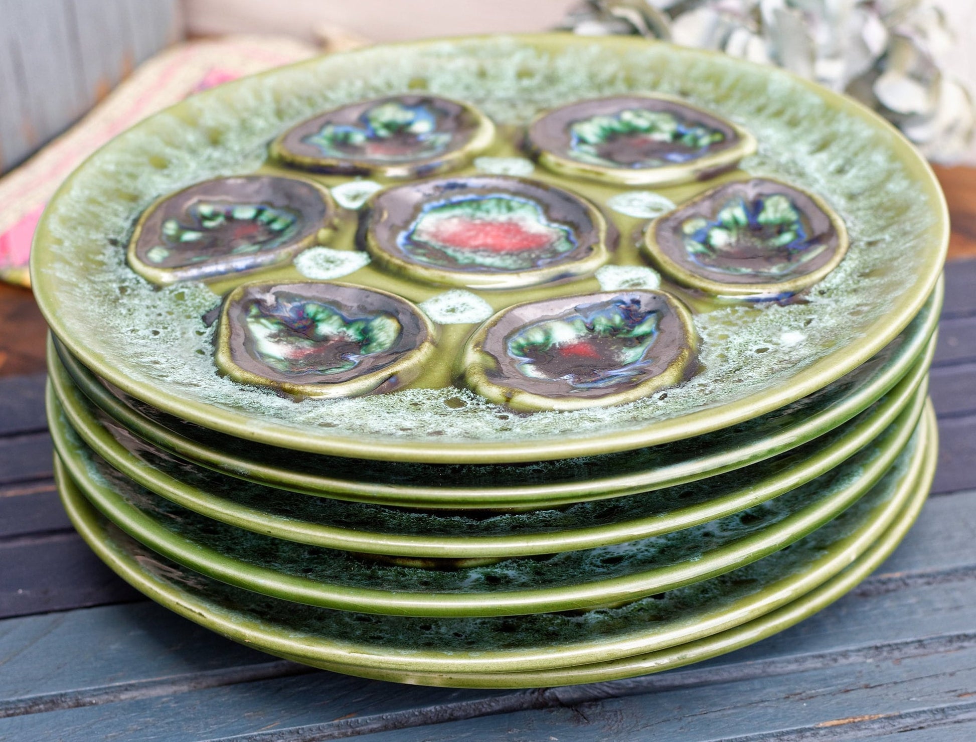 French BARBOTINE MAJOLICA Style Oyster Huitre Plate Green Vallauris Style