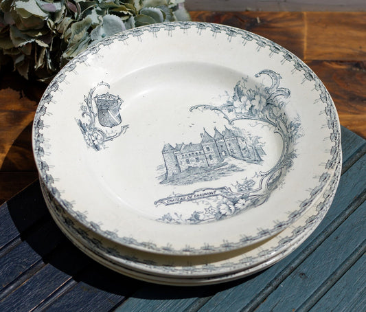 1890s/1900s ~ Creil Montereau "Chateaux avec Armoires" Theme ~ French Antique Transferware Plate ~ Terre de Fer ~ Faïencerie