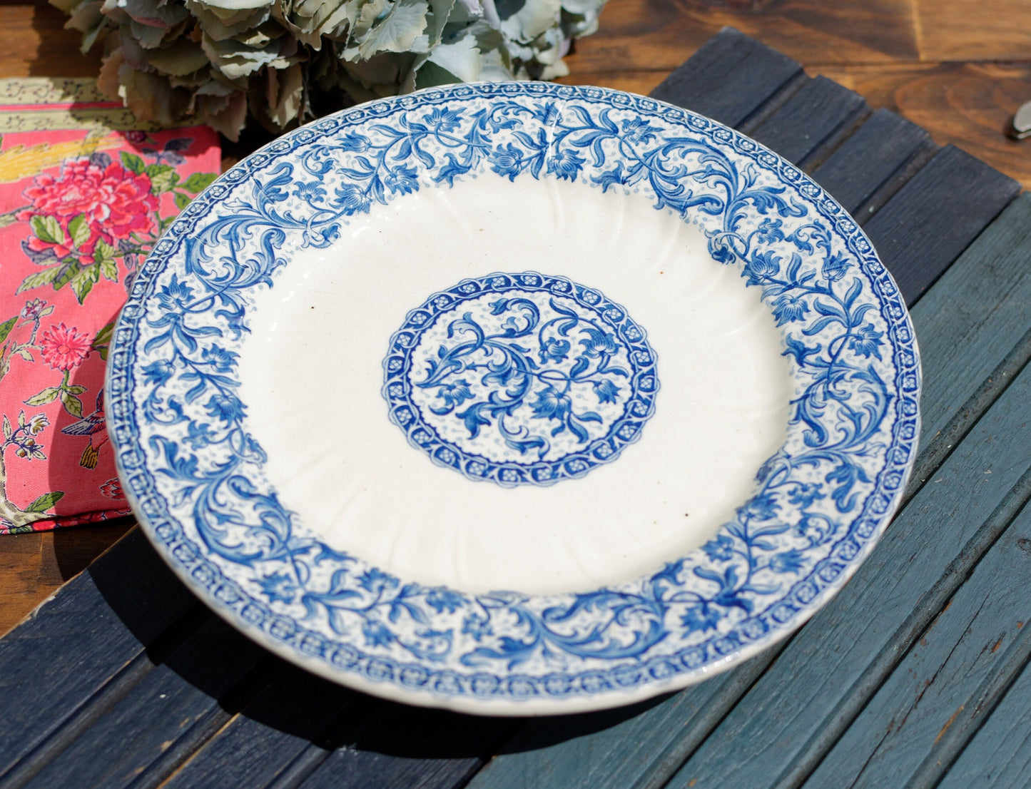 French Ironstone Blue Transferware Footed Cake Plate Comptoir GIEN France Terre de Fer