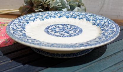 French Ironstone Blue Transferware Footed Cake Plate Comptoir GIEN France Terre de Fer