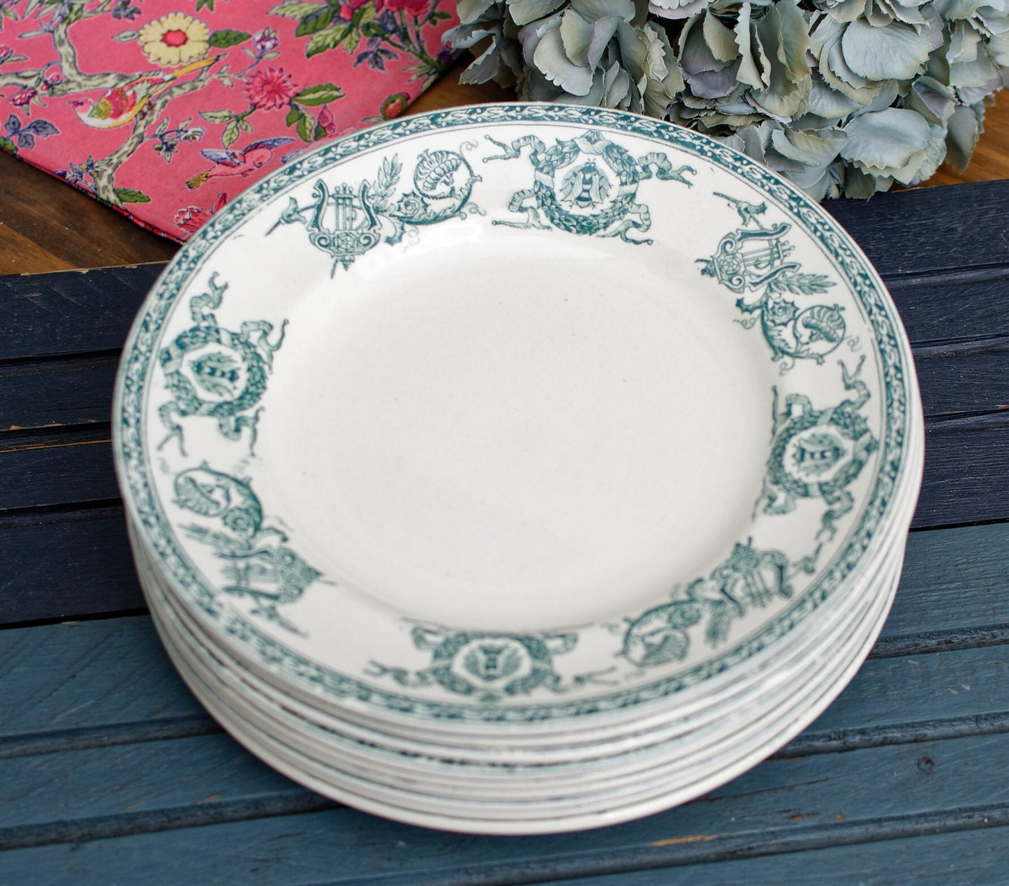 French Ironstone Green Transferware Plate TALMA LONGWY Terre de Fer