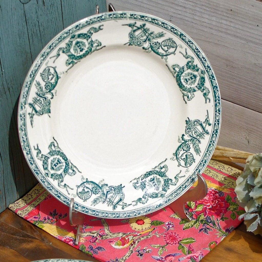 French Ironstone Green Transferware Plate TALMA LONGWY Terre de Fer