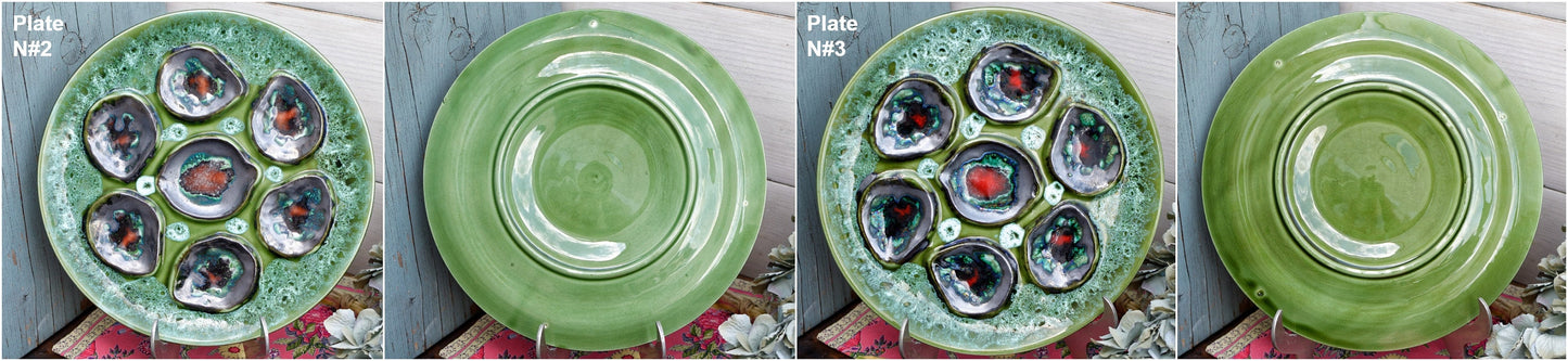 French BARBOTINE MAJOLICA Style Oyster Huitre Plate Green Vallauris Style