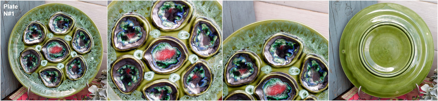 French BARBOTINE MAJOLICA Style Oyster Huitre Plate Green Vallauris Style