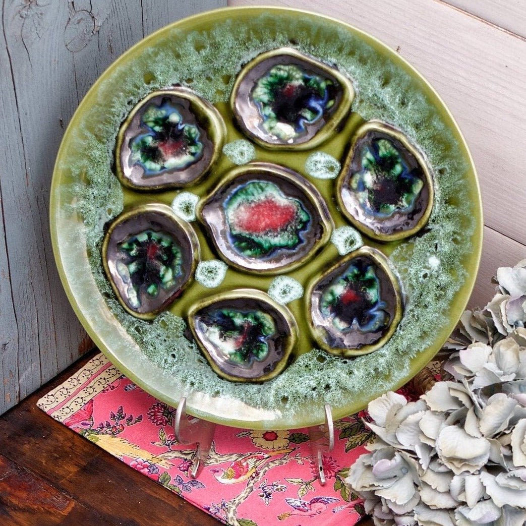 French BARBOTINE MAJOLICA Style Oyster Huitre Plate Green Vallauris Style