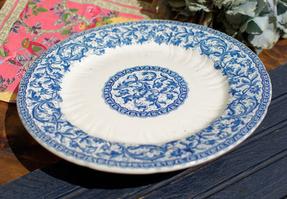 French Ironstone Blue Transferware Footed Cake Plate Comptoir GIEN France Terre de Fer