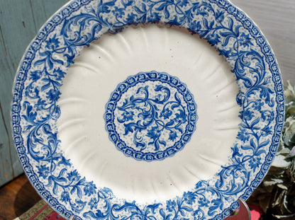 French Ironstone Blue Transferware Footed Cake Plate Comptoir GIEN France Terre de Fer