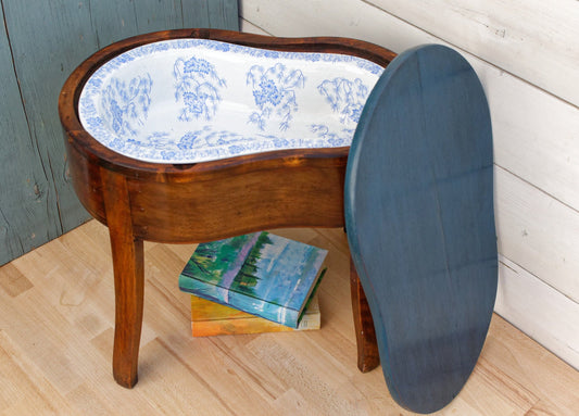 French Antique Wooden BIDET Baby Bath with Porcelain Water Basin Made by Faïencerie Creil et Montereau Terre de Fer