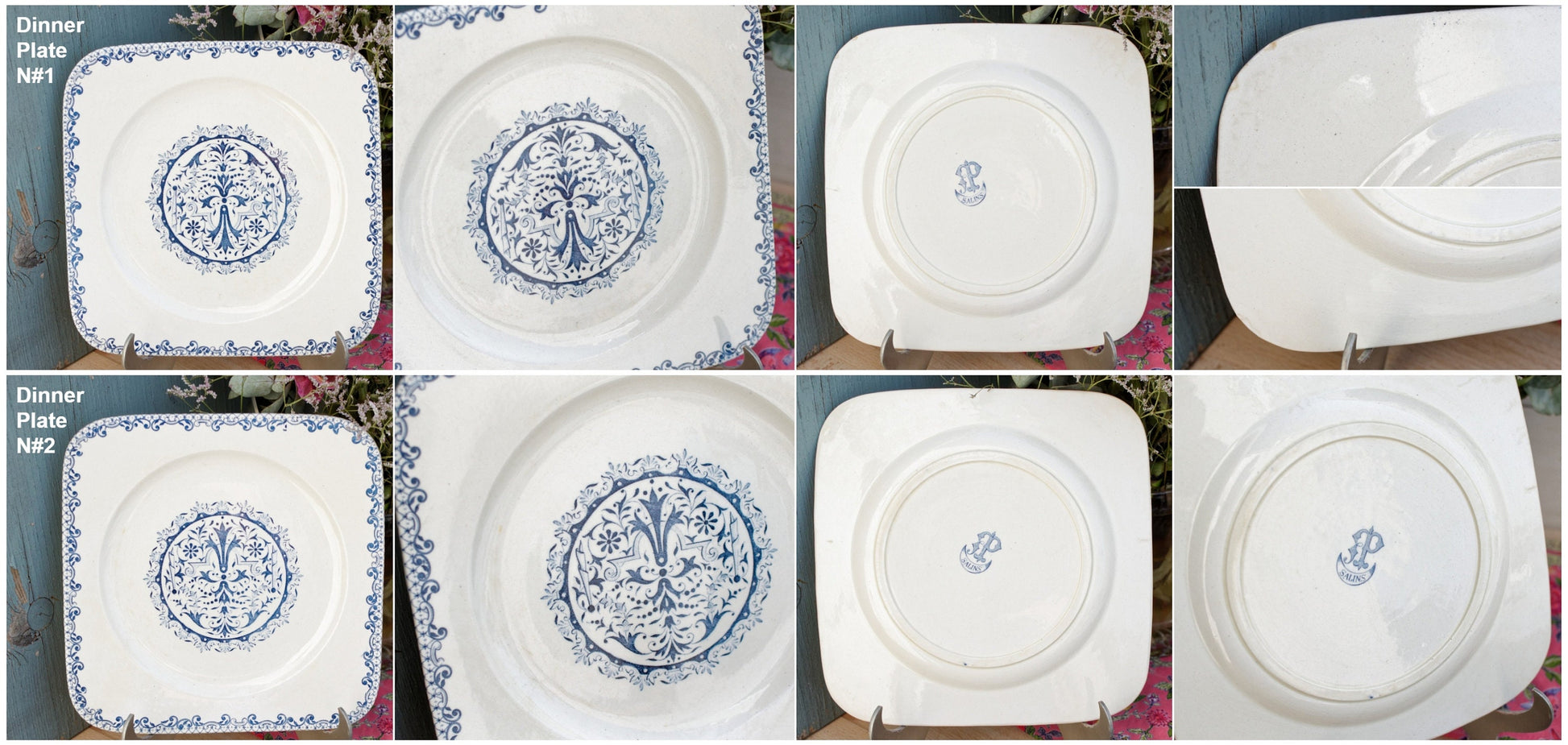 French Ironstone Blue Transferware SALINS Square Plate Terre de Fer