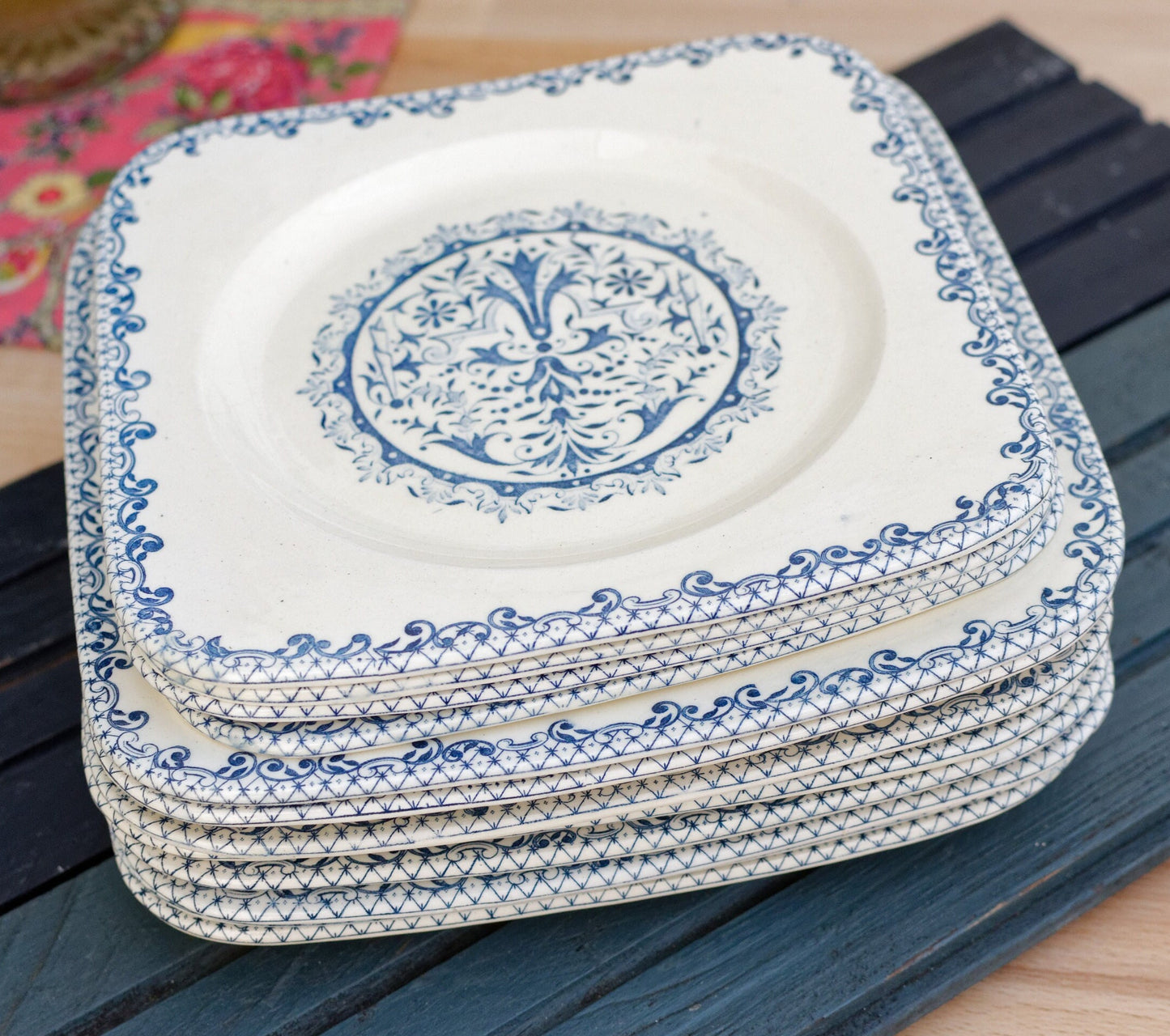 French Ironstone Blue Transferware SALINS Square Plate Terre de Fer