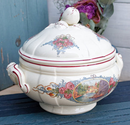 French Ironstone Henri Loux Alsace Scenes Soup Tureen Soupiere Obernai Faienceries Sarreguemines France Terre de Fer