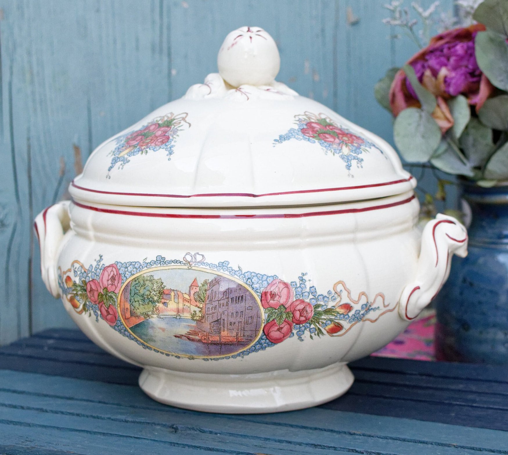 French Ironstone Henri Loux Alsace Scenes Soup Tureen Soupiere Obernai Faienceries Sarreguemines France Terre de Fer