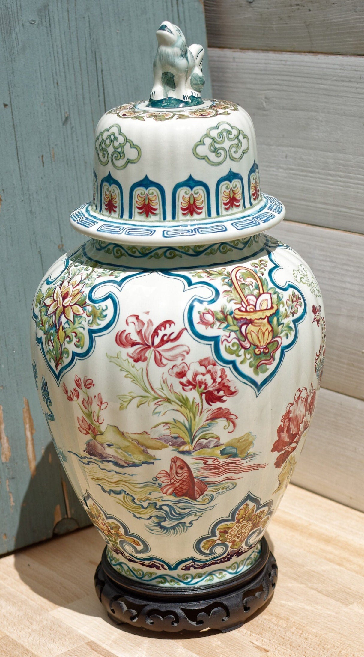 Belgian Asian Chiniserie style Lidded Vase CHANGHAI BOCH Belgium Ginger Jar