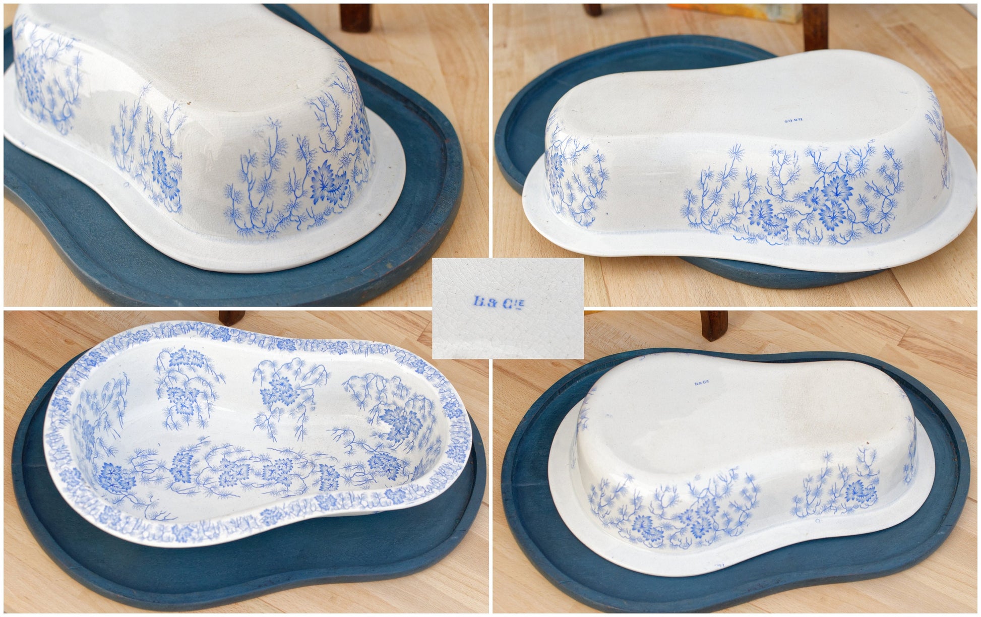 French Antique Wooden BIDET Baby Bath with Porcelain Water Basin Made by Faïencerie Creil et Montereau Terre de Fer