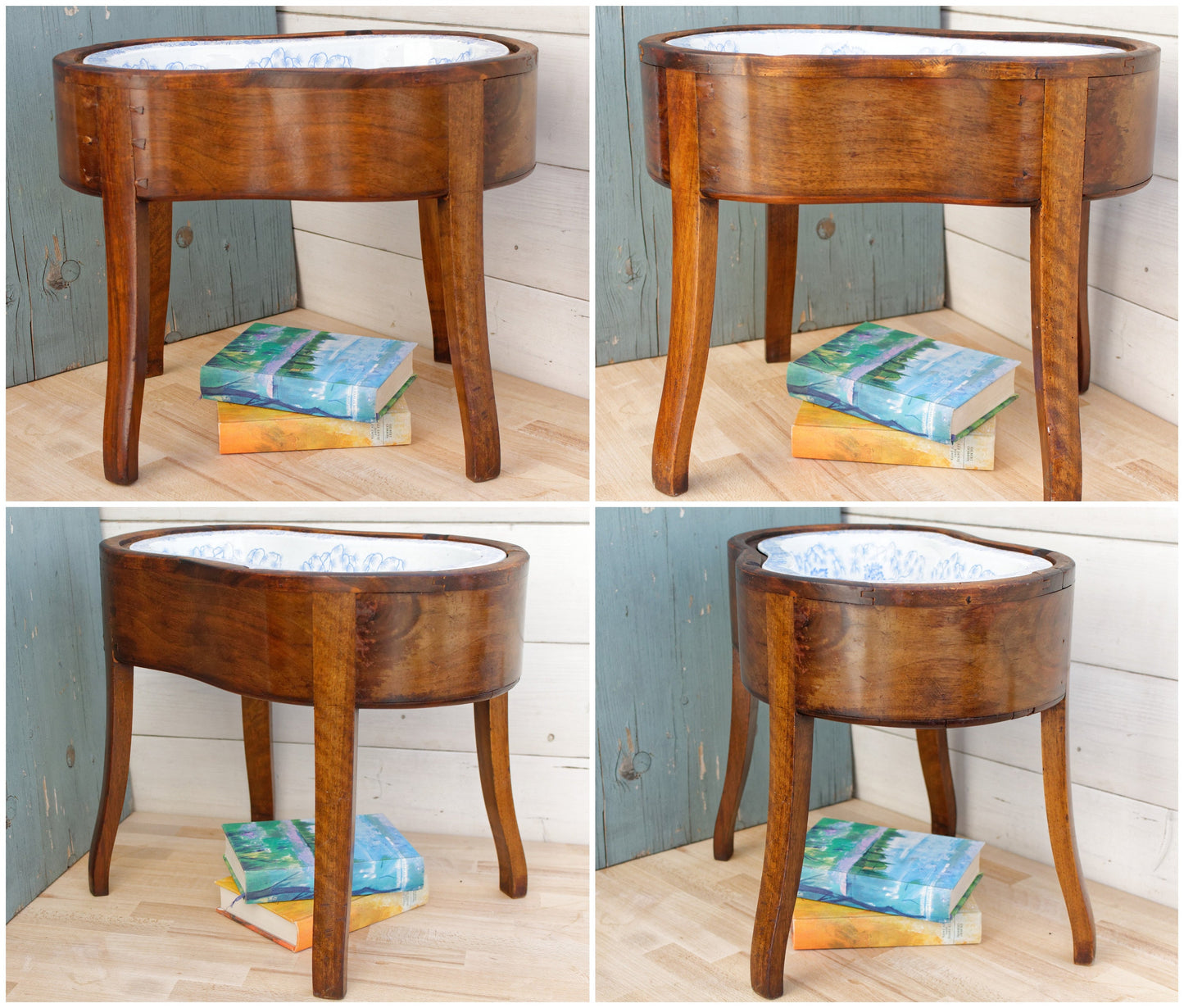 French Antique Wooden BIDET Baby Bath with Porcelain Water Basin Made by Faïencerie Creil et Montereau Terre de Fer