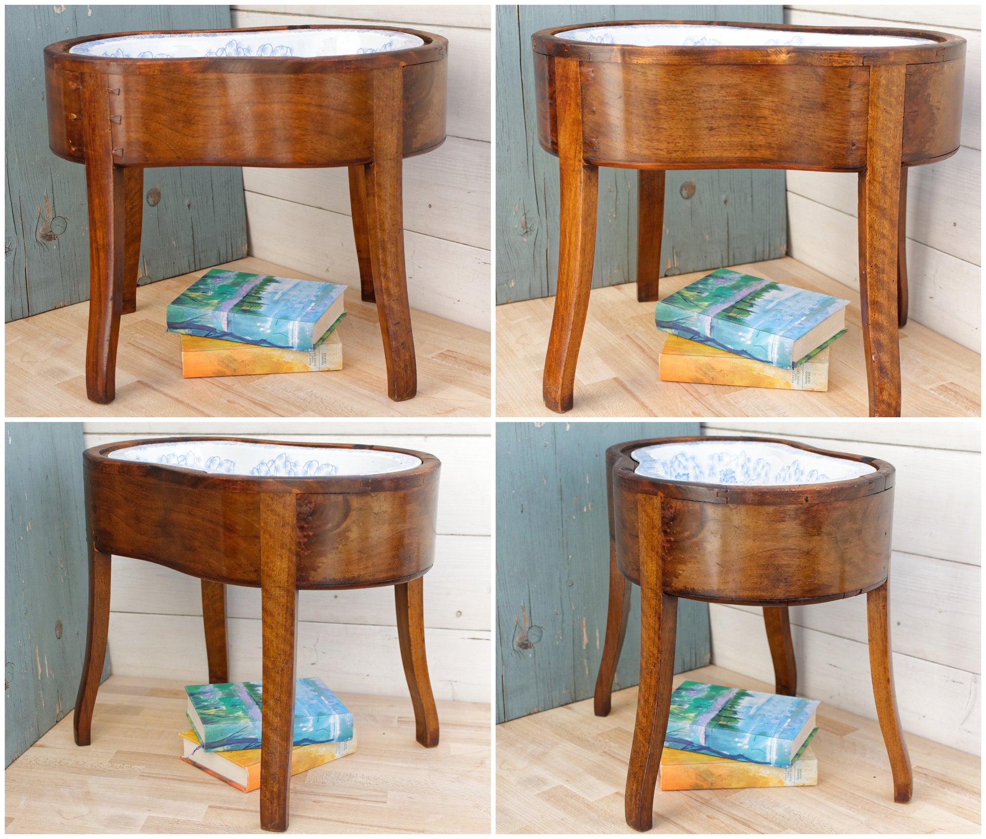 French Antique Wooden BIDET Baby Bath with Porcelain Water Basin Made by Faïencerie Creil et Montereau Terre de Fer