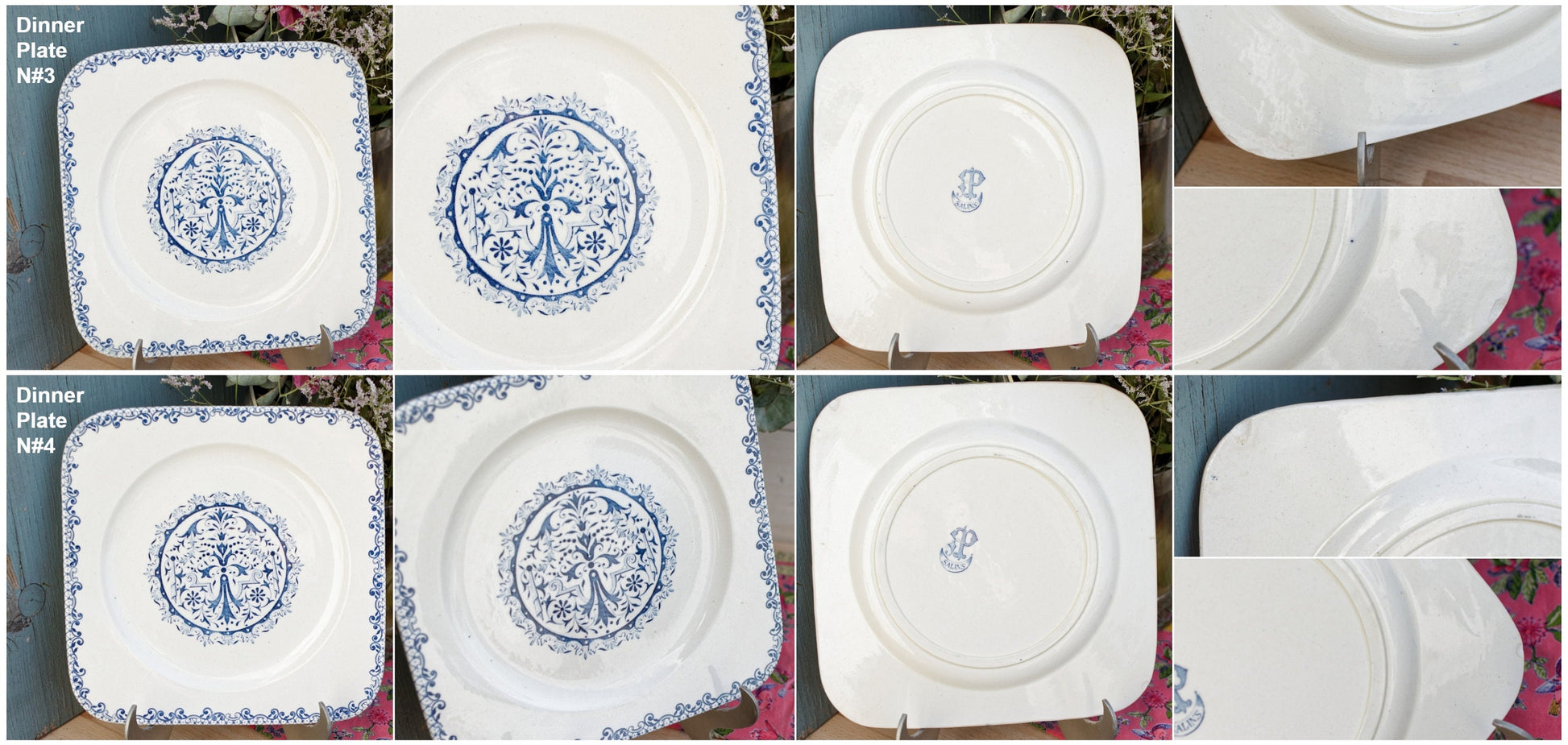 French Ironstone Blue Transferware SALINS Square Plate Terre de Fer