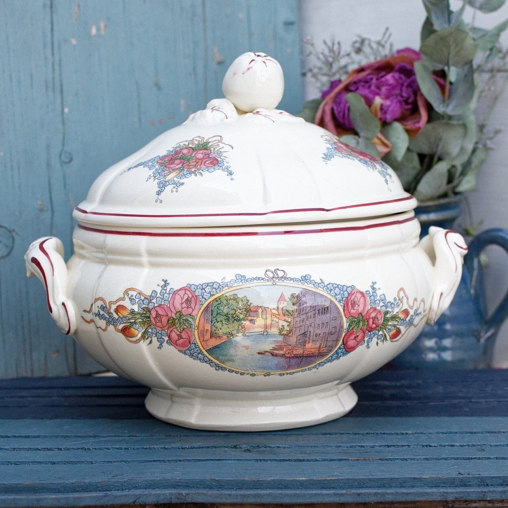 French Ironstone Henri Loux Alsace Scenes  Soup Tureen Soupiere Obernai Faienceries Sarreguemines France Terre de Fer