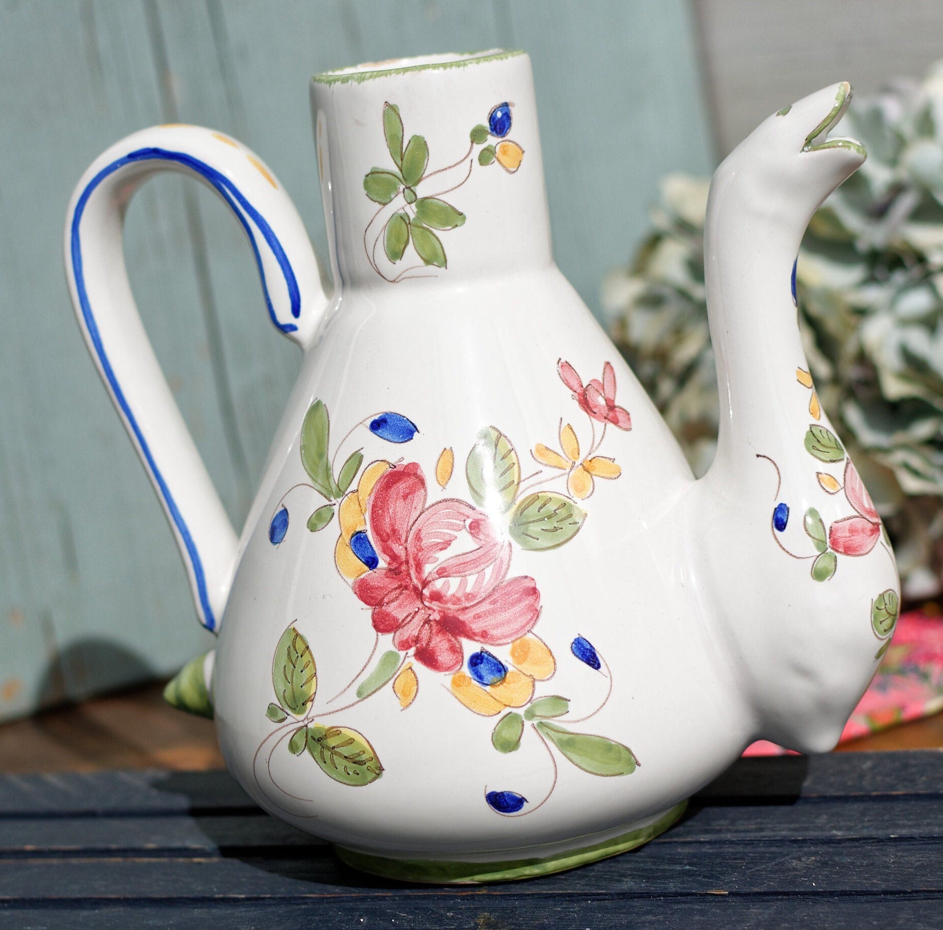 French Hand-Painted Porcelain Floral Pitcher Faiencerie du MATET Fait Main