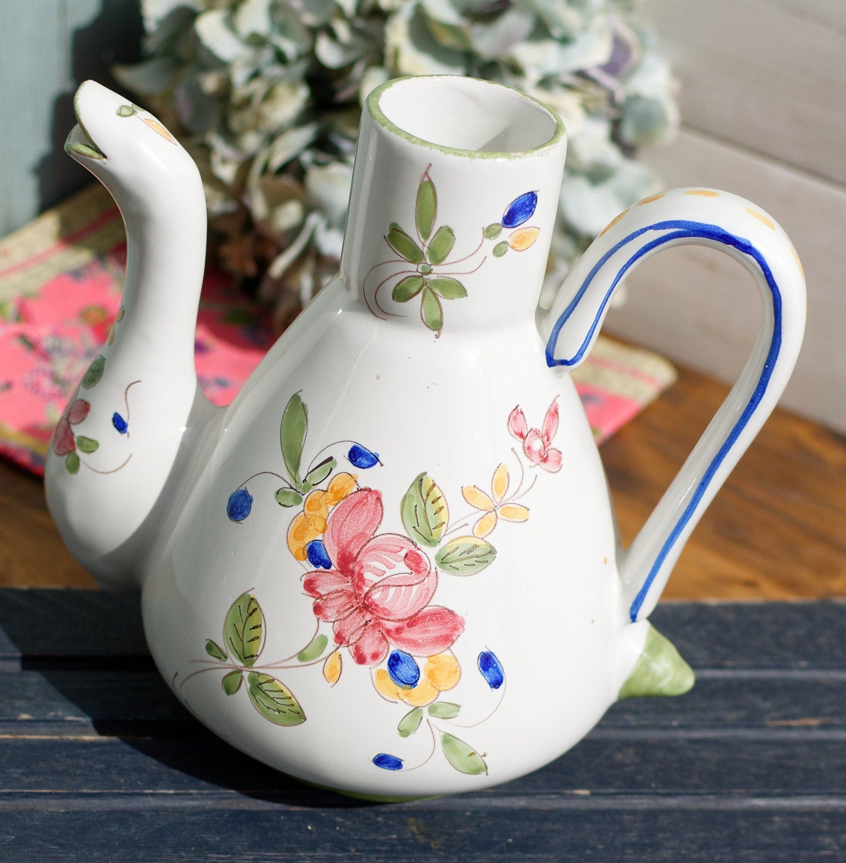 French Hand-Painted Porcelain Floral Pitcher Faiencerie du MATET Fait Main