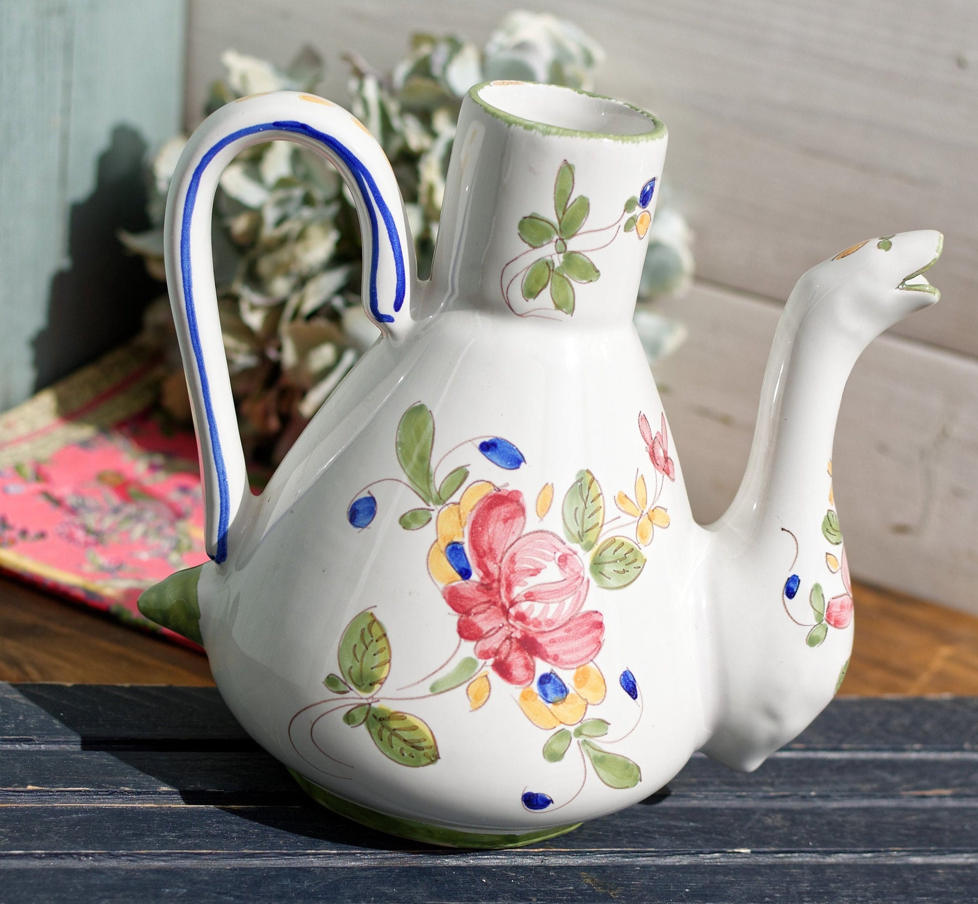 French Hand-Painted Porcelain Floral Pitcher Faiencerie du MATET Fait Main