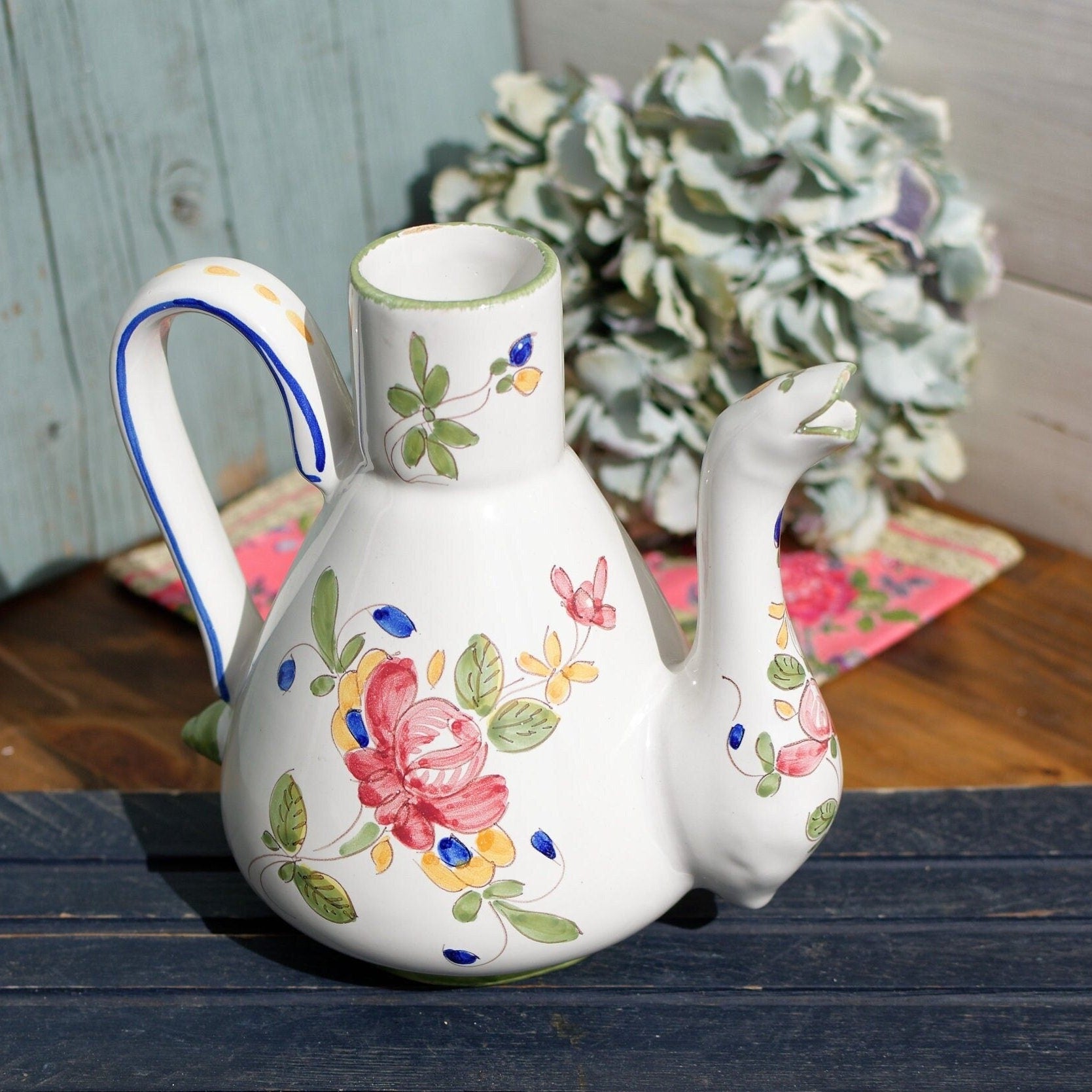 French Hand-Painted Porcelain Floral Pitcher Faiencerie du MATET Fait Main