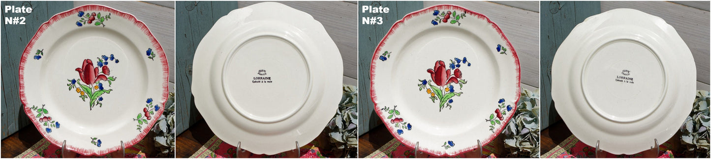 French Ironstone Hand-Painted Dinner Plate GIEN France Lorraine decor a la main red roses pattern Terre de Fer