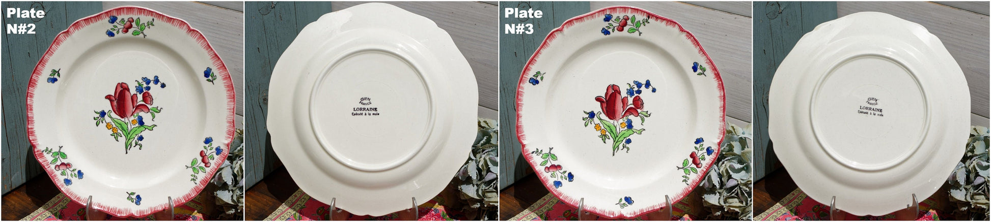 French Ironstone Hand-Painted Dinner Plate GIEN France Lorraine decor a la main red roses pattern Terre de Fer