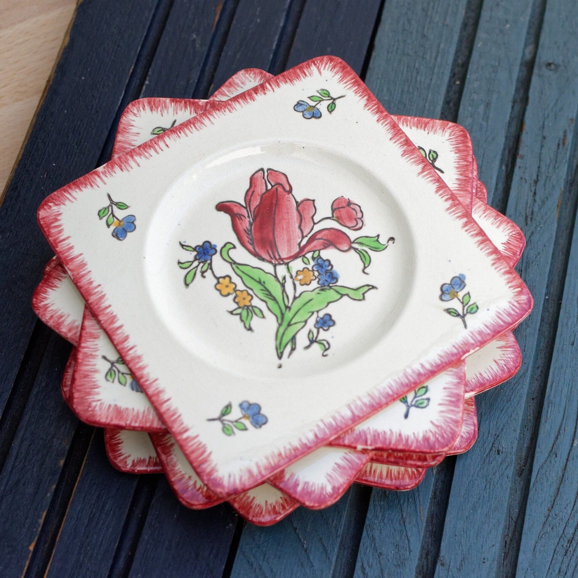 French 2024 vintage ceramics plates Pornic Rosita Hand Painted Rose set of 3