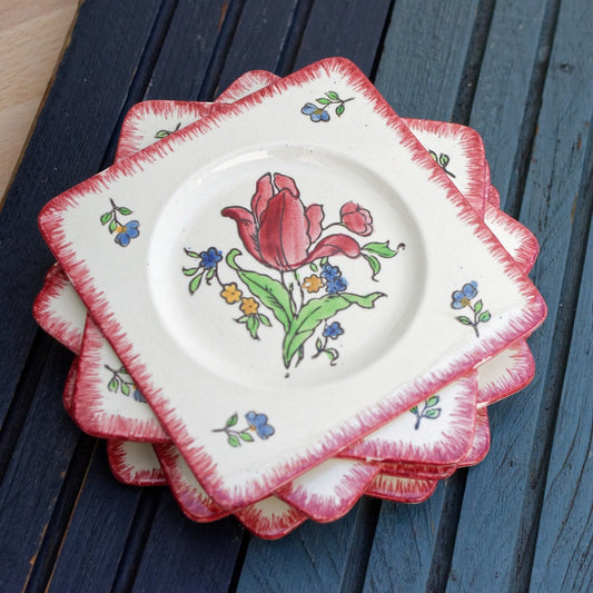 French Ironstone Hand-Painted Square Plate GIEN France Lorraine decor a la main red tulips pattern Terre de Fer