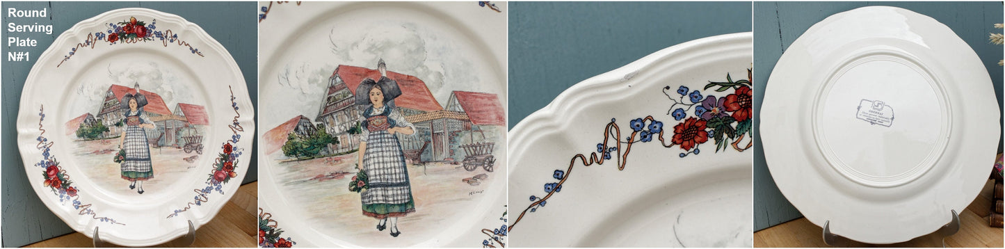 French Ironstone Alsace Theme Henri Loux Scene Serving Plate Obernai Faienceries Sarreguemines France Terre de Fer