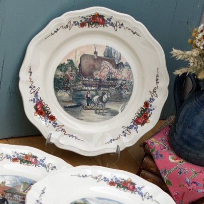 French Ironstone Henri Loux Alsace Scenes Plate Obernai Faienceries Sarreguemines France Terre de Fer