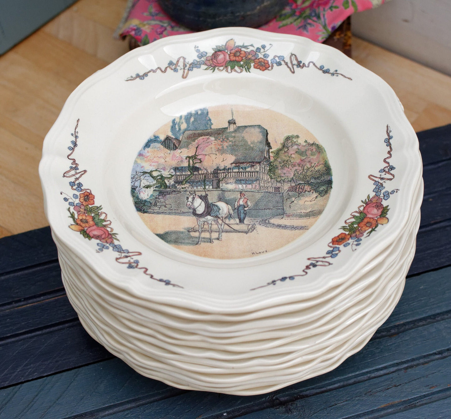 French Ironstone Henri Loux Alsace Scenes Plate Obernai Faienceries Sarreguemines France Terre de Fer