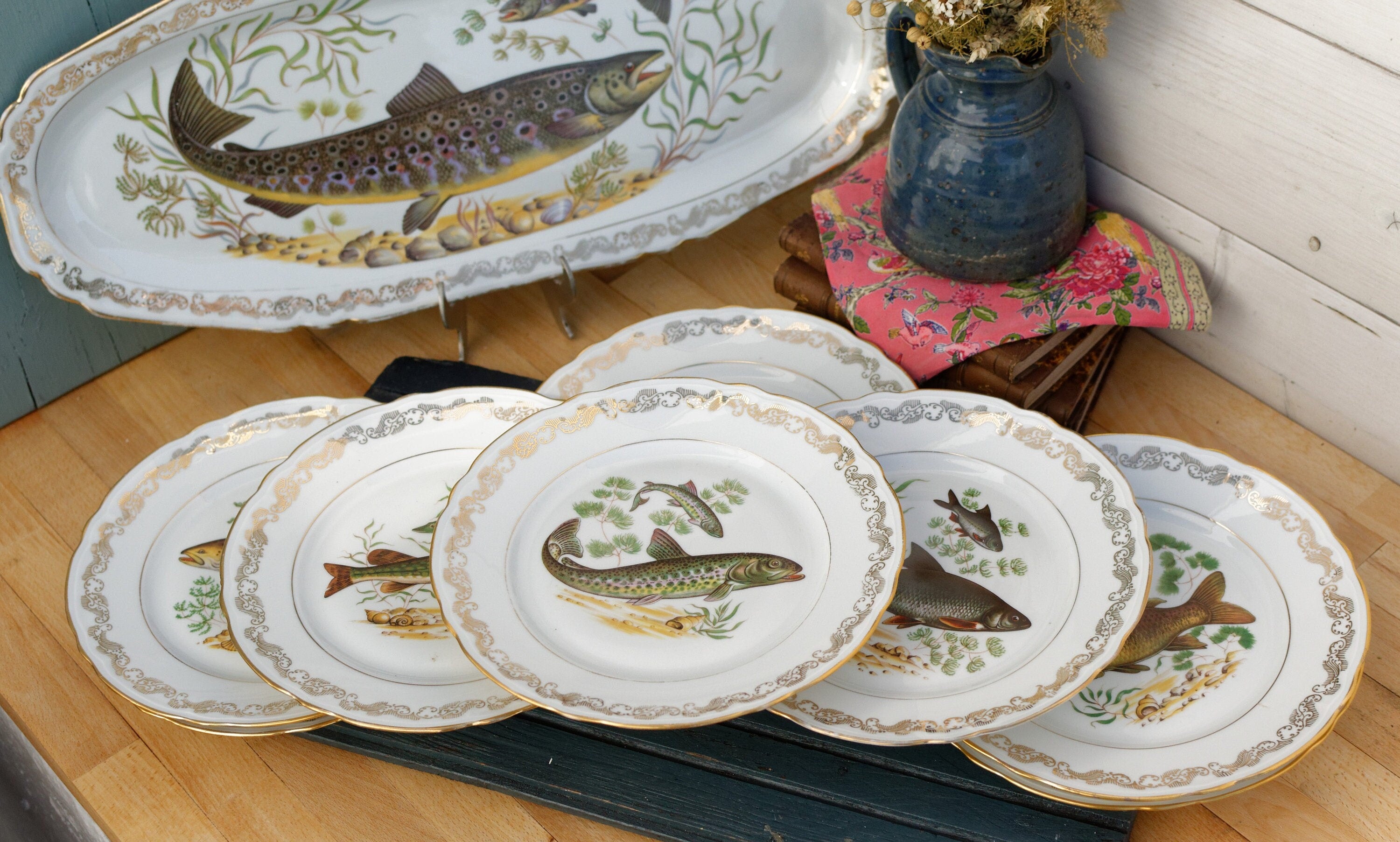 Vintage LIMOGES Decor a la Main 9 Piece Fish Dish Set (six plates, oval platter and 2024 lidded tureen)