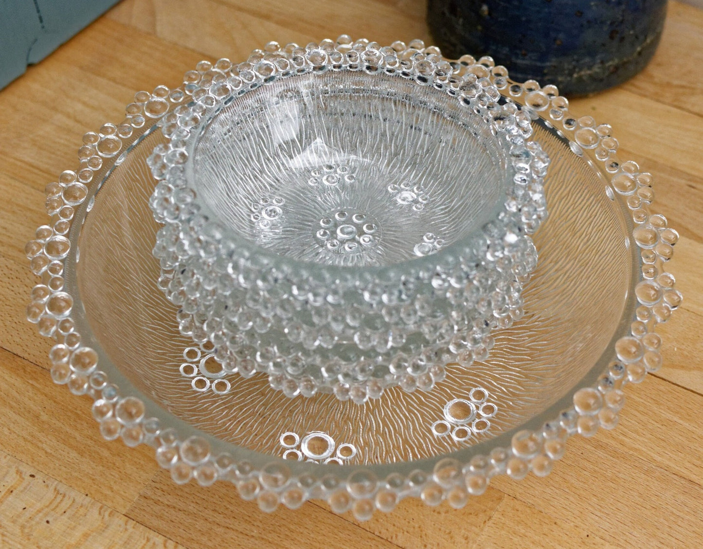 Italian Vintage Bubble Edge Textured Glass Serving Bowl Set MASSERINI BAROCCO Made in Italy